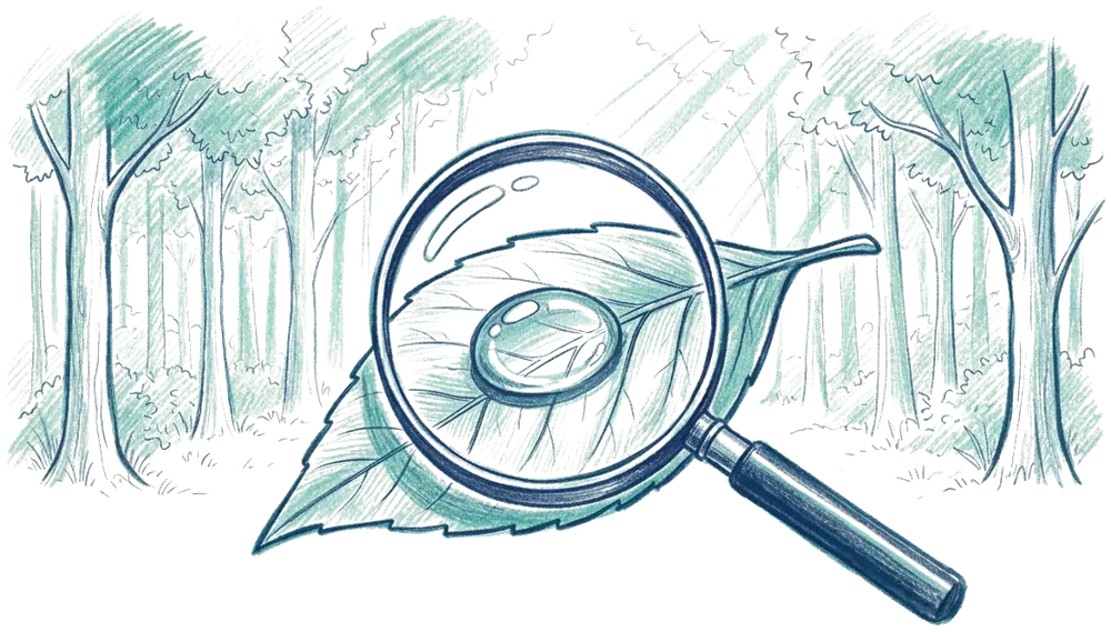 A magnifying glass fixed on one water drop on a leaf while the forest goes unnoticed behind it