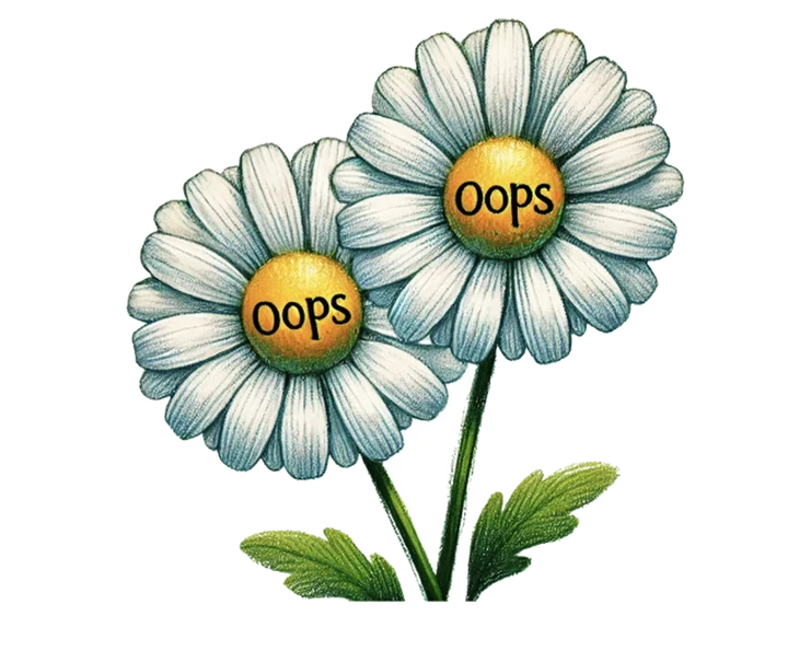 Two daisies with Oops written in their centers