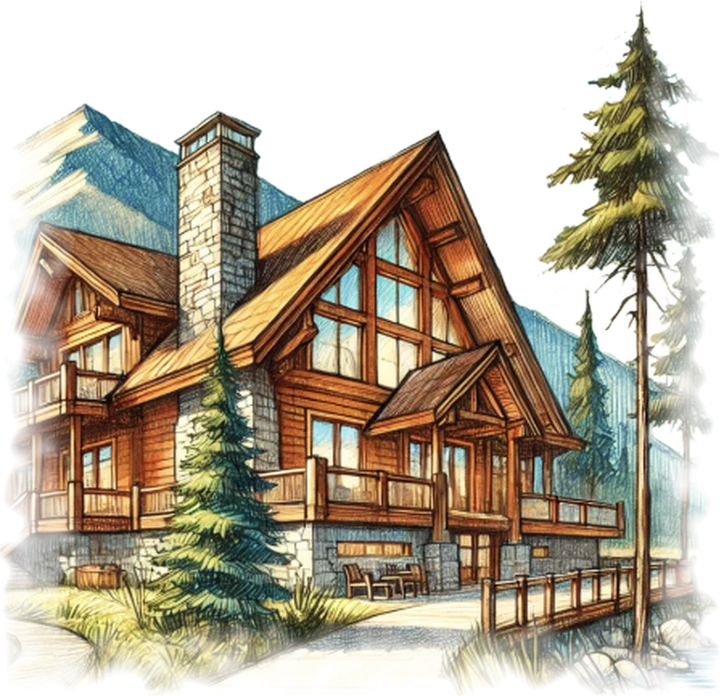 Pencil sketch of a mountain lodge