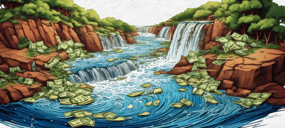Sketch of money floating down a river
